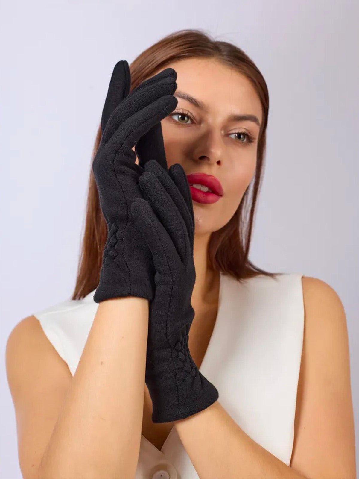 Gants noirs femme hiver, chauds et doux, doublés polaire, compatibles écran tactile, broderie élégante, coupe ajustée, modèle Euprasie - Écharpe - Noir