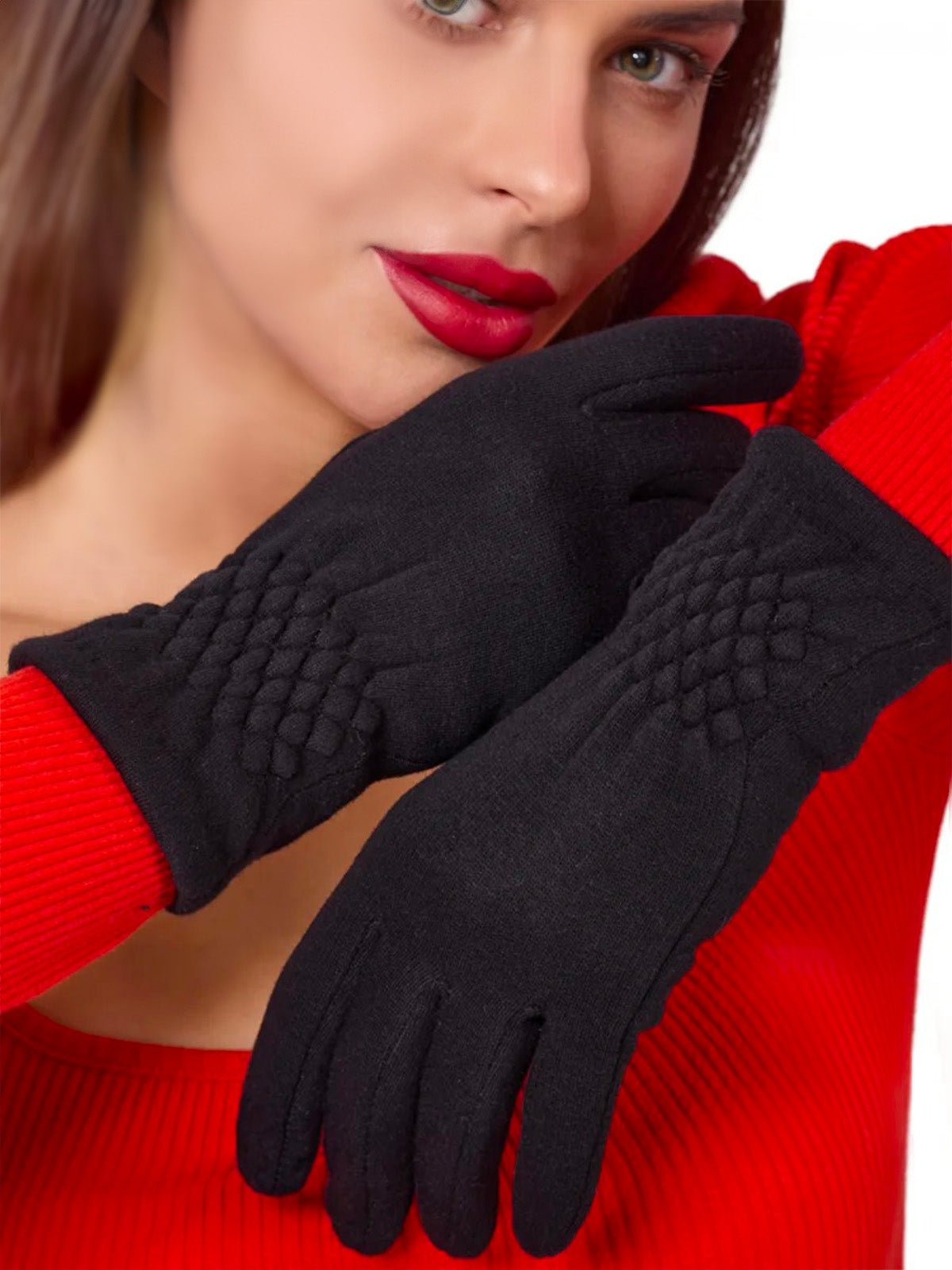 Gants noirs femme hiver, chauds et doux, doublés polaire, compatibles écran tactile, broderie élégante, coupe ajustée, modèle Euprasie - Écharpe - Noir