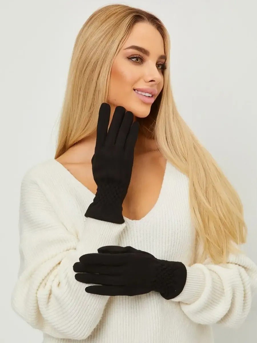 Gants noirs femme hiver, chauds et doux, doublés polaire, compatibles écran tactile, broderie élégante, coupe ajustée, modèle Euprasie - Écharpe - Noir