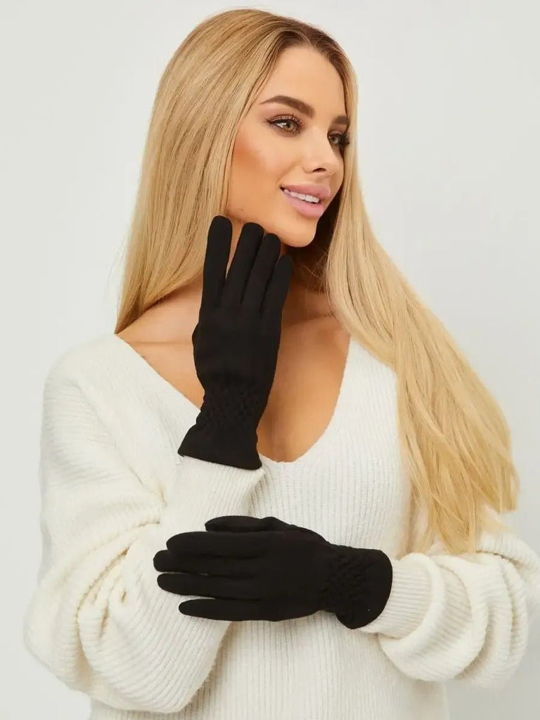 Gants noirs femme hiver, chauds et doux, doublés polaire, compatibles écran tactile, broderie élégante, coupe ajustée, modèle Euprasie - Écharpe - Noir