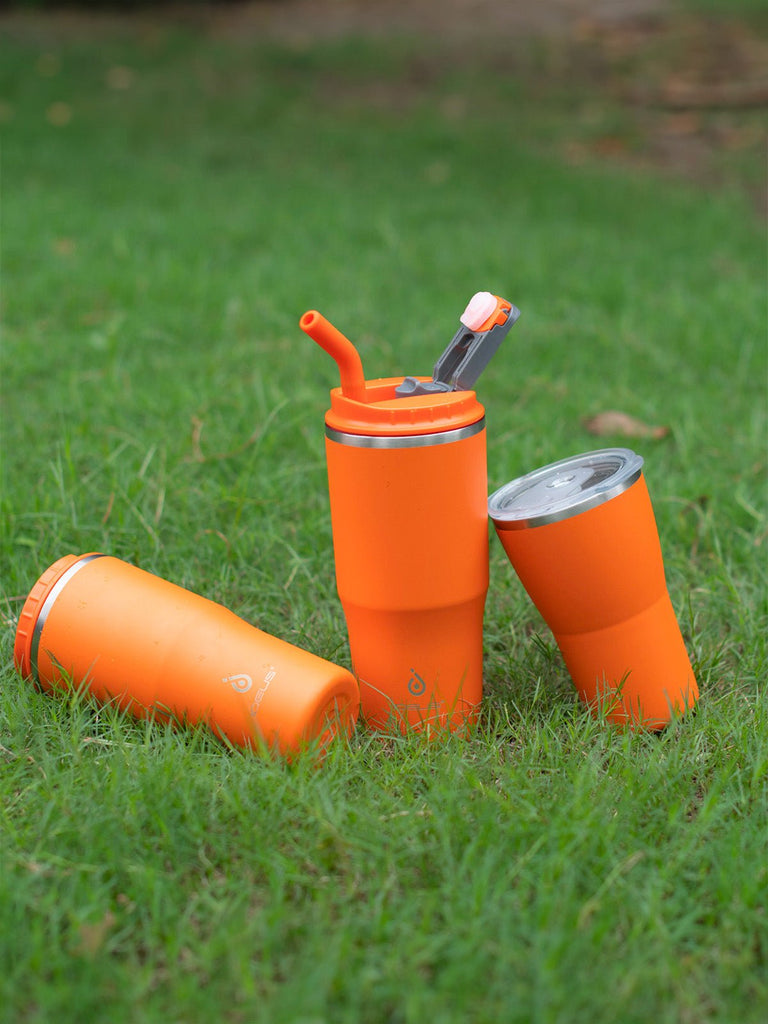 Gourde isotherme, gamme IDEUS, double couvercle, paille en inox, acier inoxydable 304, revêtement poudre, étanche, conserve chaud 12h, froid 6h, 532ml, large ouverture, nettoyage facile, sans BPA, modèle Spark - Gourde et Thermos - Orange