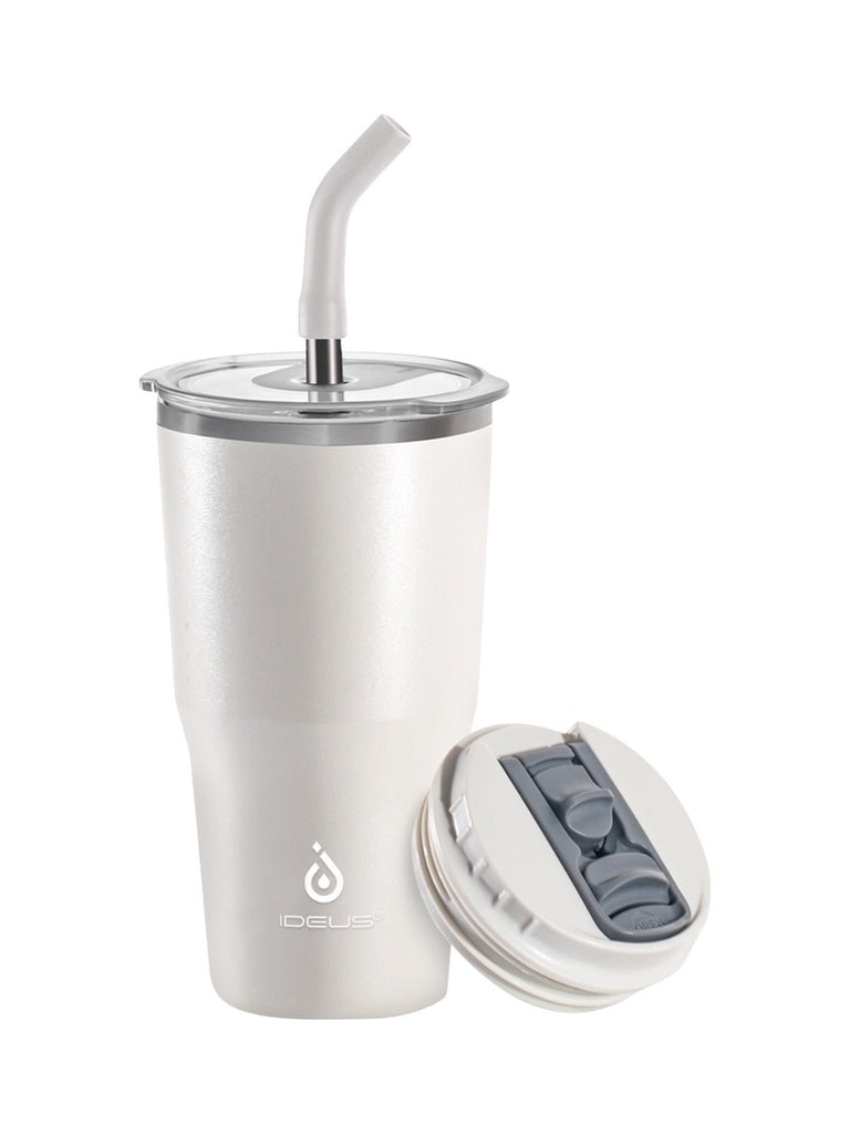 Gourde isotherme, gamme IDEUS, double couvercle, paille en inox, acier inoxydable 304, revêtement poudre, étanche, conserve chaud 12h, froid 6h, 532ml, large ouverture, nettoyage facile, sans BPA, modèle Spark - Gourde et Thermos - Blanc