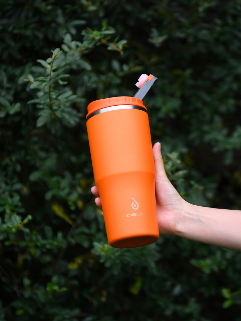 Gourde isotherme, gamme IDEUS, double couvercle, paille en inox, acier inoxydable 304, revêtement poudre, étanche, conserve chaud 12h, froid 6h, 532ml, large ouverture, nettoyage facile, sans BPA, modèle Spark - Gourde et Thermos - Orange