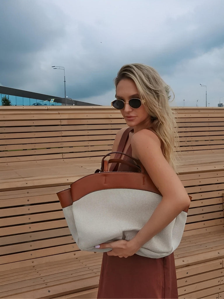 Grand sac à main, toile canvas anses en simili vegan, sac femme épaule main pochette amovible, modèle Eleonore - Sac à main - Marron