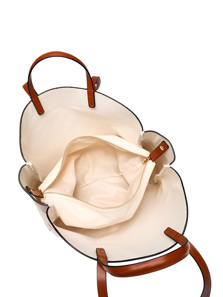 Grand sac à main, toile canvas anses en simili vegan, sac femme épaule main pochette amovible, modèle Eleonore - Sac à main - Marron
