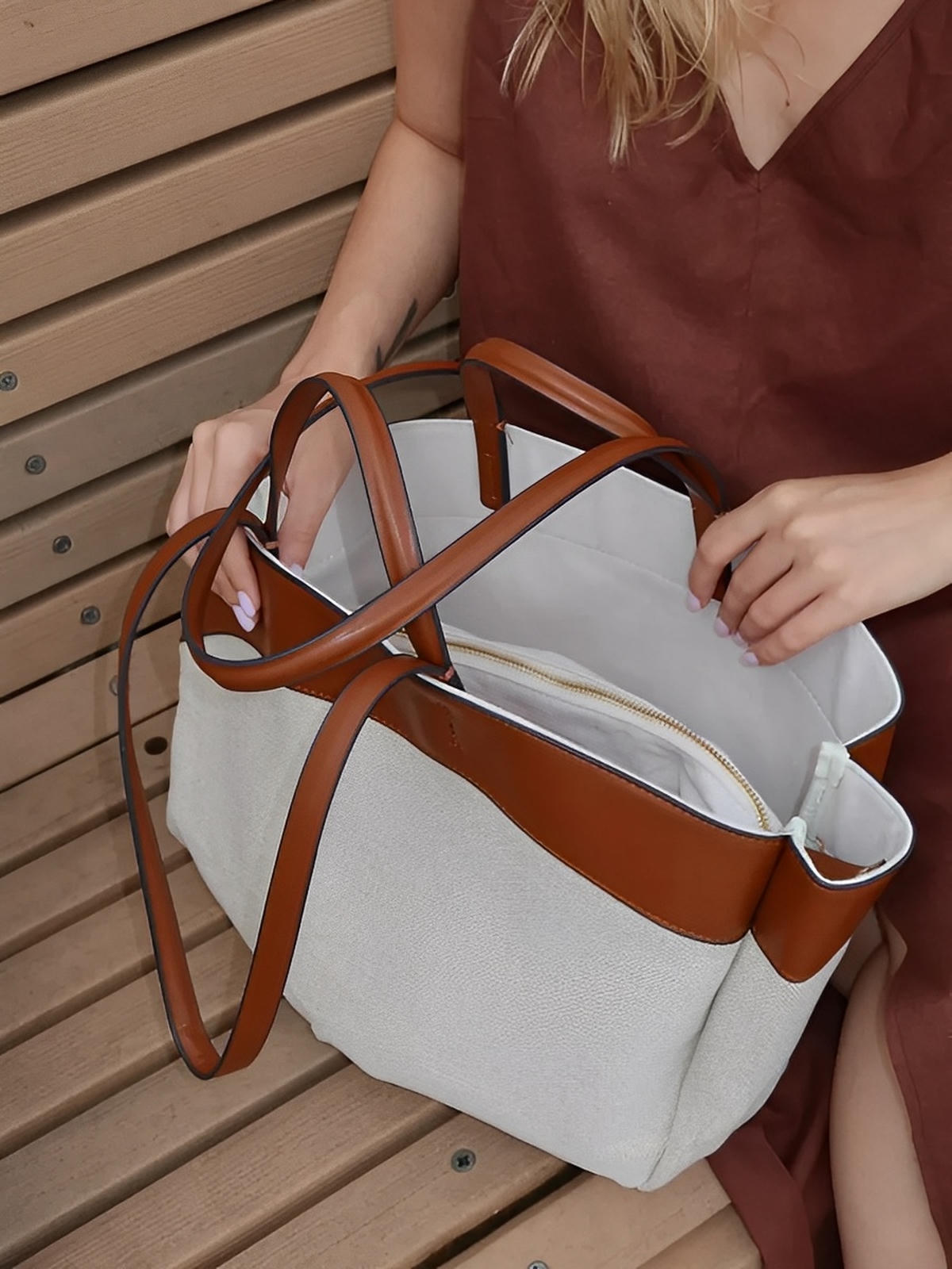 Grand sac à main, toile canvas anses en simili vegan, sac femme épaule main pochette amovible, modèle Eleonore - Sac à main - Marron