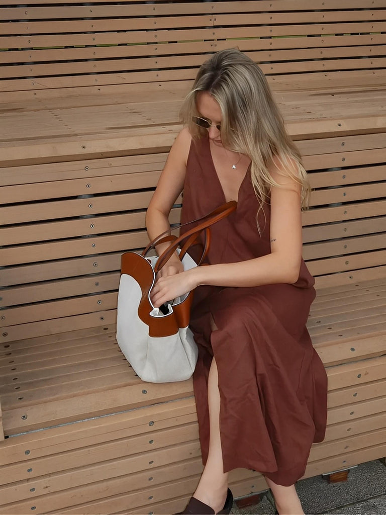 Grand sac à main, toile canvas anses en simili vegan, sac femme épaule main pochette amovible, modèle Eleonore - Sac à main - Marron