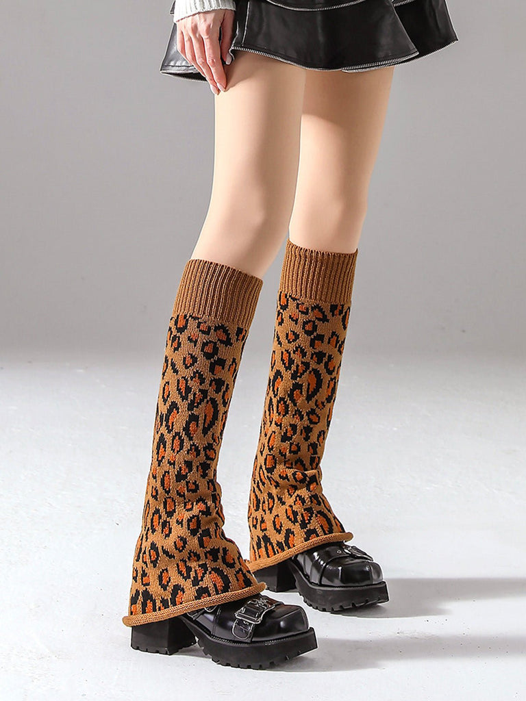 Guêtres léopard hiver, longues tricot, guêtres chaudes femme, fantaisie et tendance à la mode, modèle Fadèze - Guêtre - Camel