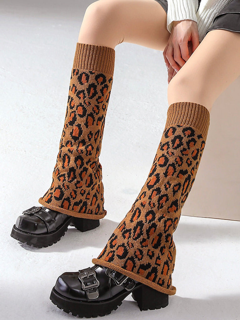 Guêtres léopard hiver, longues tricot, guêtres chaudes femme, fantaisie et tendance à la mode, modèle Fadèze - Guêtre - Camel