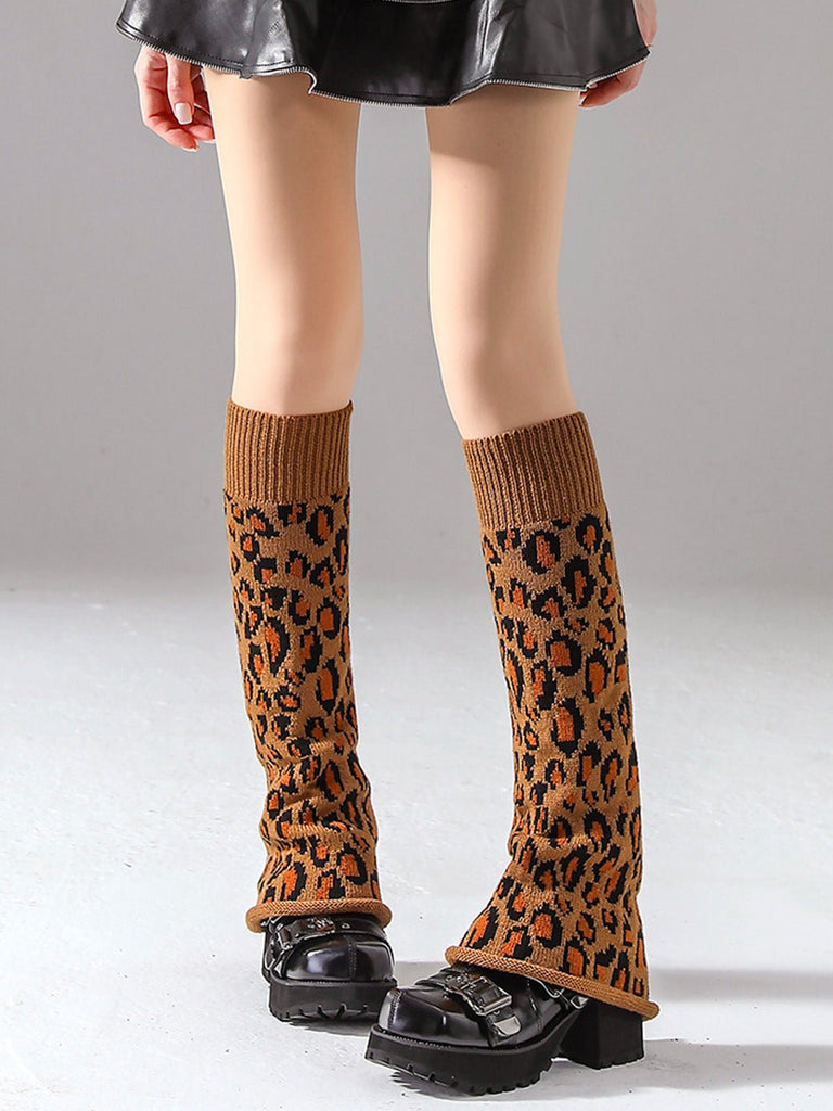 Guêtres léopard hiver, longues tricot, guêtres chaudes femme, fantaisie et tendance à la mode, modèle Fadèze - Guêtre - Camel