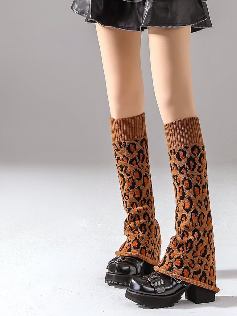 Guêtres léopard hiver, longues tricot, guêtres chaudes femme, fantaisie et tendance à la mode, modèle Fadèze - Guêtre - Camel