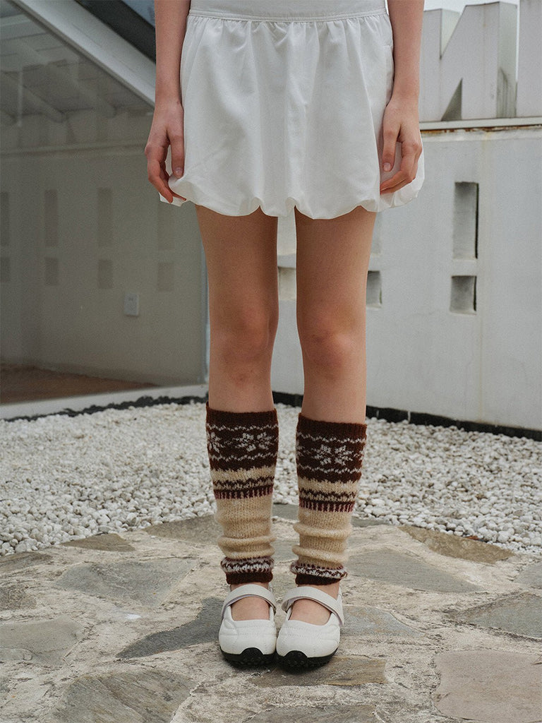 Guêtres tricotées femme, laine mélangée chaude, motif jacquard nordique, accessoire hiver confortable, guêtres longues beige marron, modèle Amnèse - Guêtre - Marron et beige