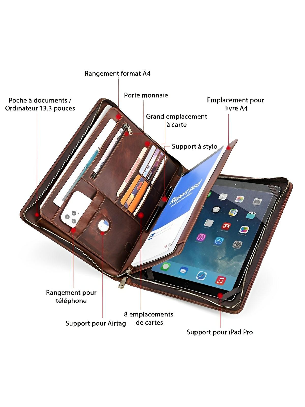 Housse en cuir marron pour ordinateur portable, tablette et documents, porte - cartes intégré, format A4, modèle Pamphil - Housse - Café