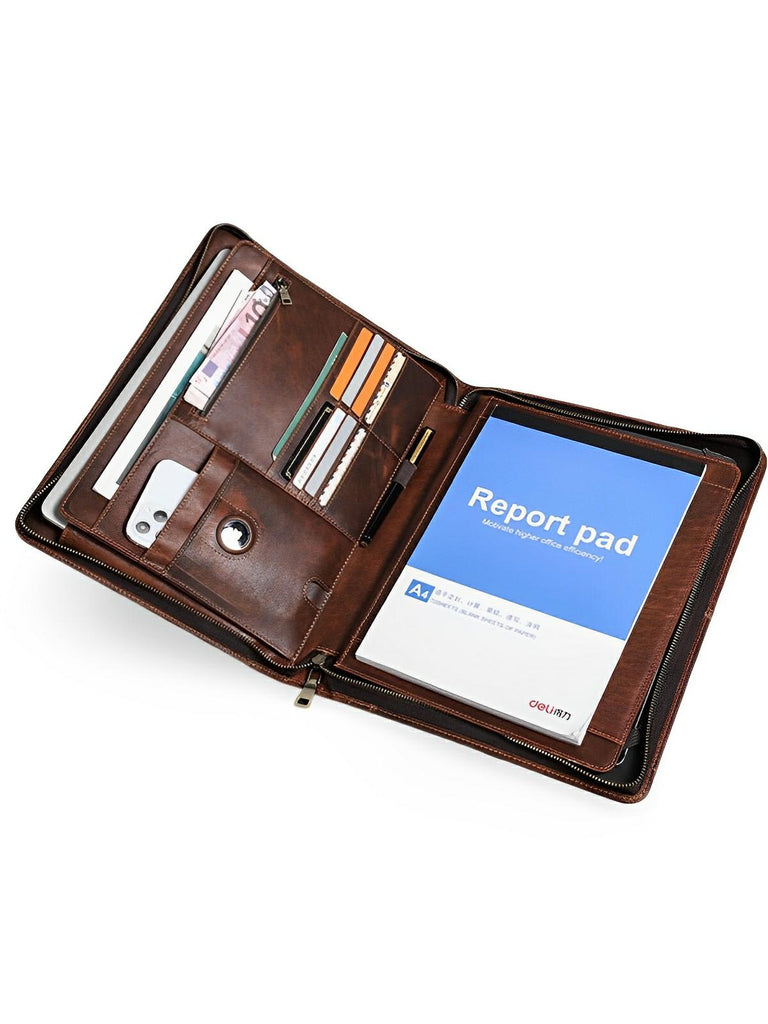 Housse en cuir marron pour ordinateur portable, tablette et documents, porte - cartes intégré, format A4, modèle Pamphil - Housse - Café