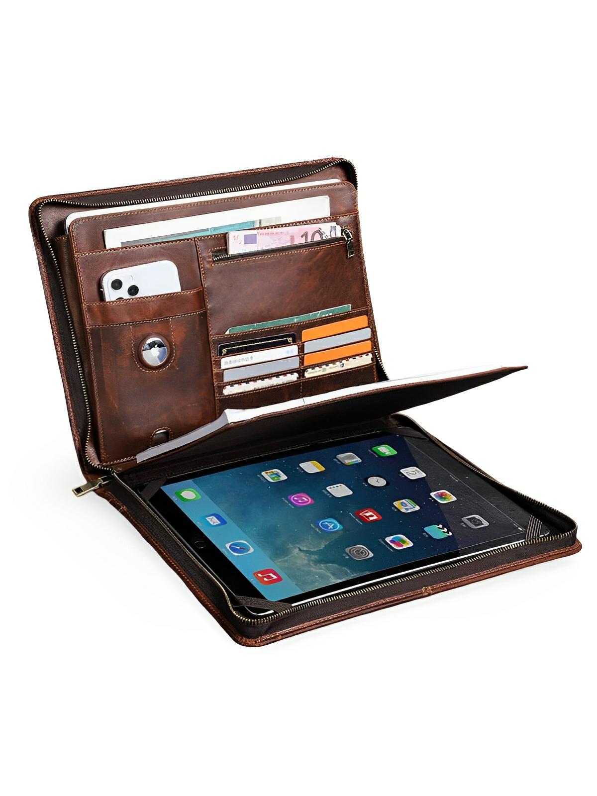 Housse en cuir marron pour ordinateur portable, tablette et documents, porte - cartes intégré, format A4, modèle Pamphil - Housse - Café
