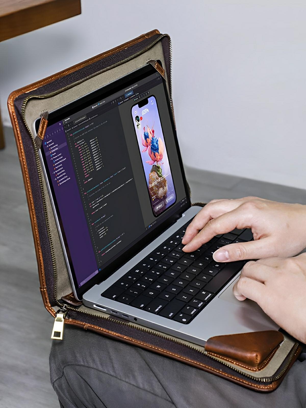 Housse pour ordinateur en cuir, étui 13,3 pouces, pochette élégante avec poignée et rangement, modèle Gérasime - Housse - Café