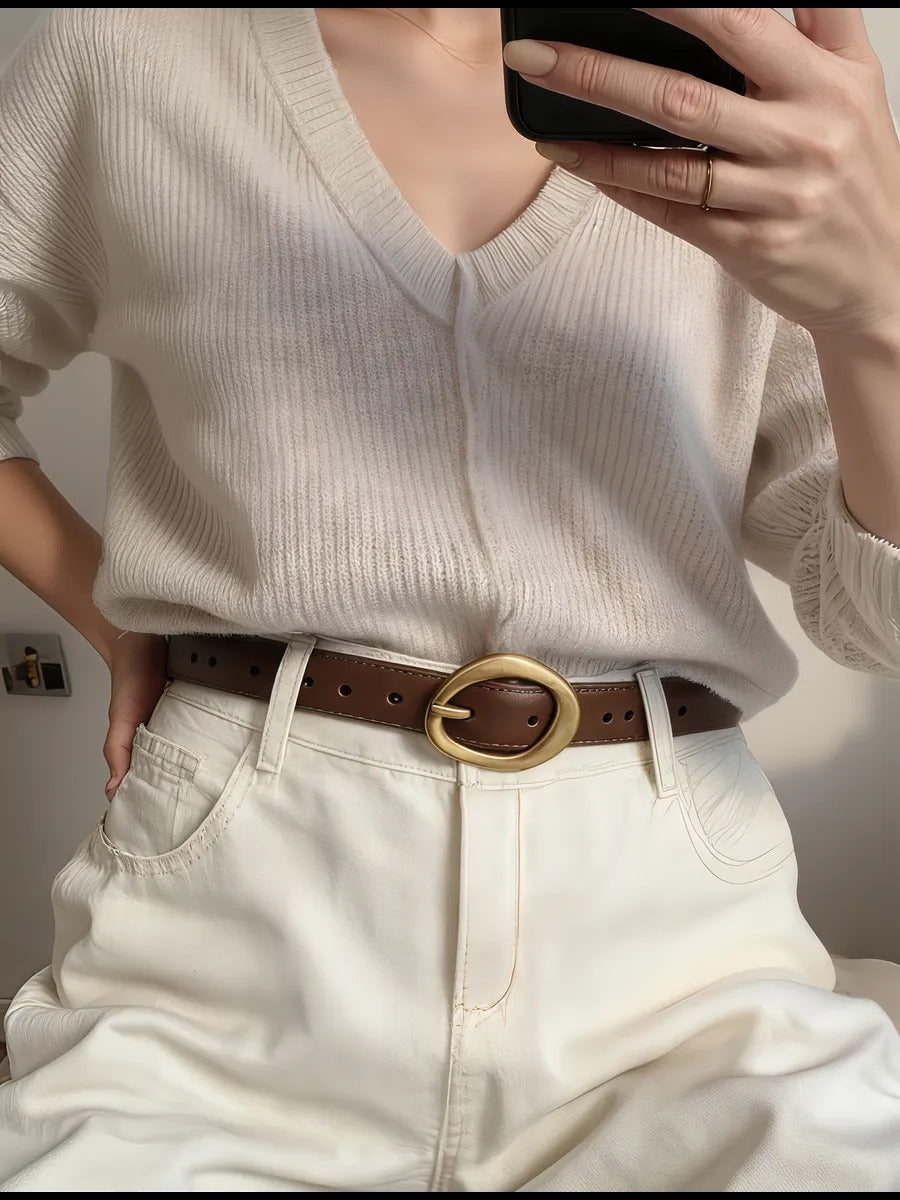 Women's leather belt, modern rounded golden buckle, classic thin belt, fashion accessory 2025, Adla model