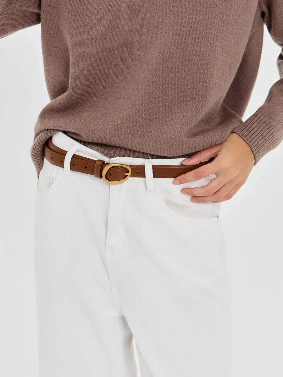 Women's leather belt, modern rounded golden buckle, classic thin belt, fashion accessory 2025, Adla model