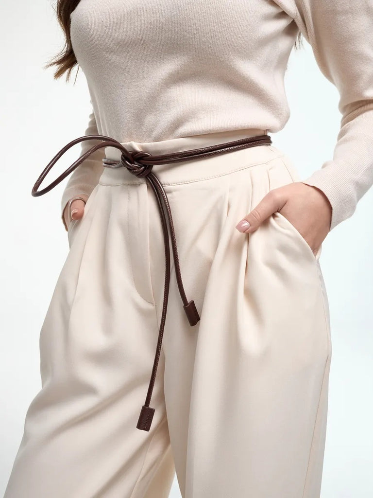 Thin tie belt, vegan faux leather cord, long women's belt, dress waist accessory, minimalist thin belt, retro autumn, Tina model
