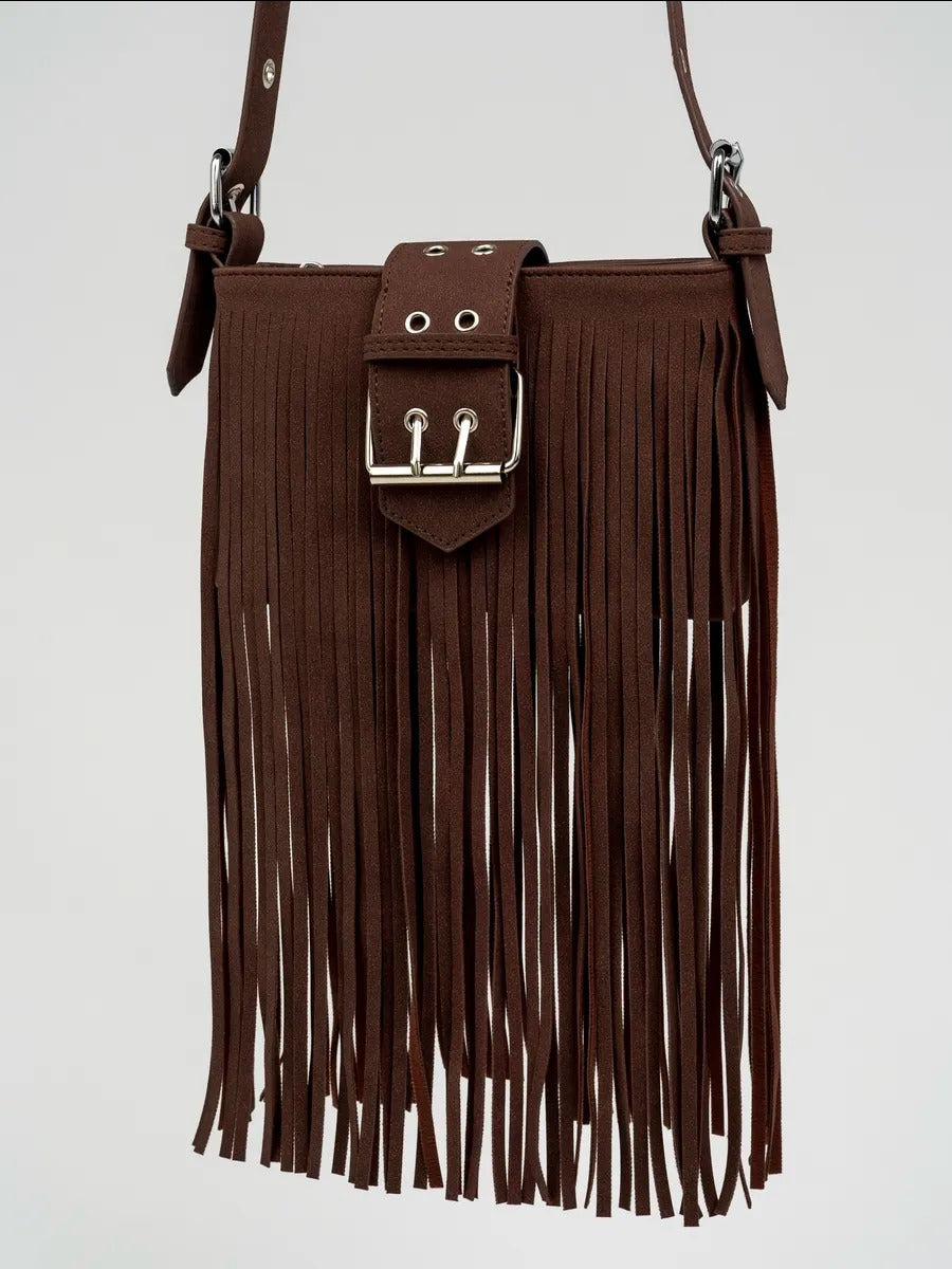 Fringe handbag, rectangular shape, adjustable shoulder strap, bohemian style, zip closure, Leneri model