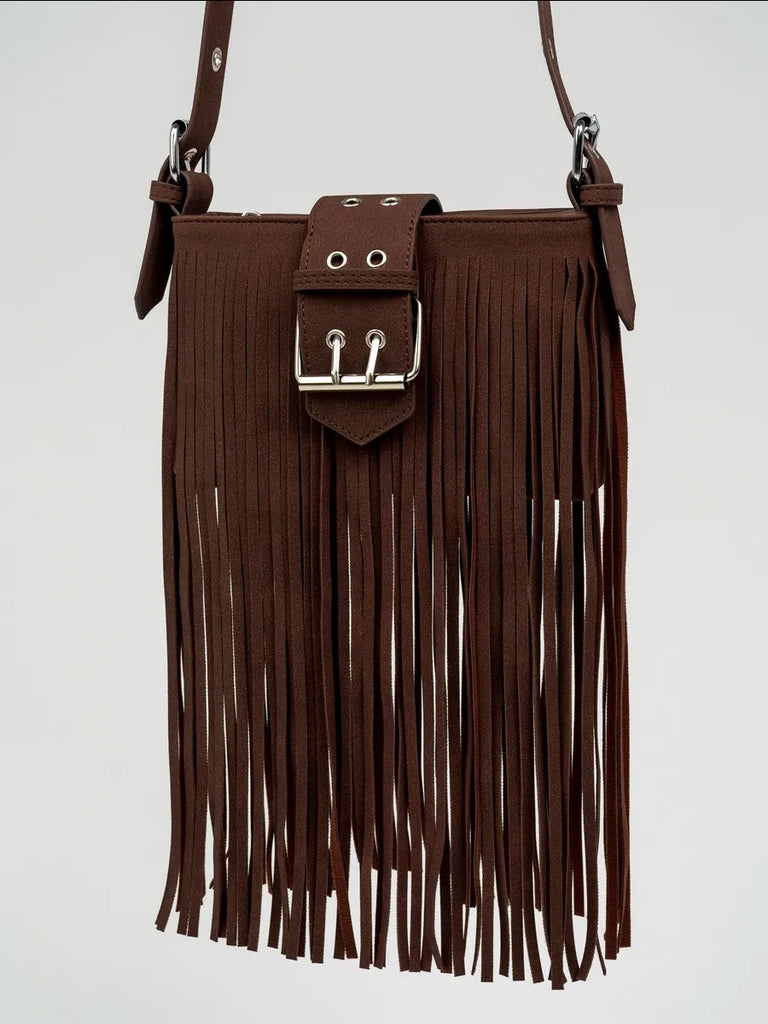 Fringe handbag, rectangular shape, adjustable shoulder strap, bohemian style, zip closure, Leneri model