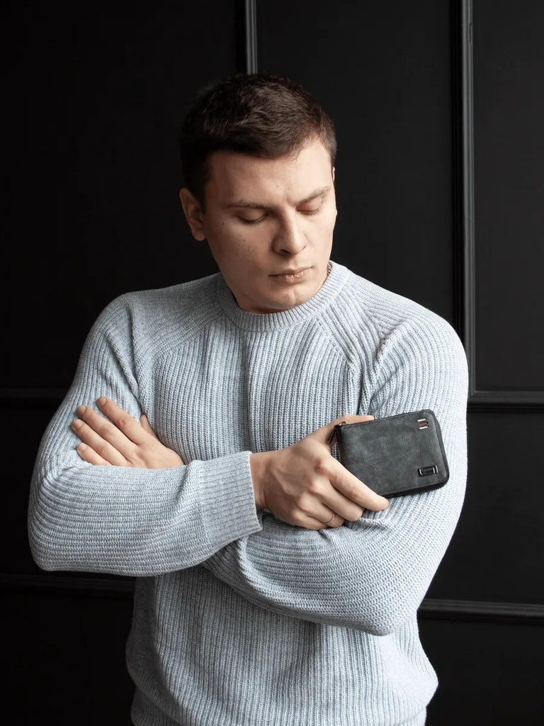 Portefeuille homme compact, fermeture zippée, simili vegan, trifold, format poche, modèle Stormy