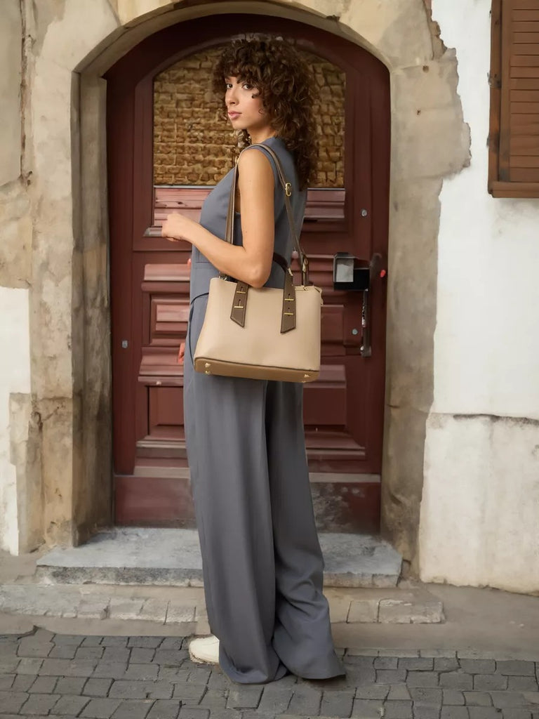 Sac à main femme, sac bandoulière, sac trapèze, moyen format, PU lisse, anse contrastée, sac chic ville, modèle Agapite