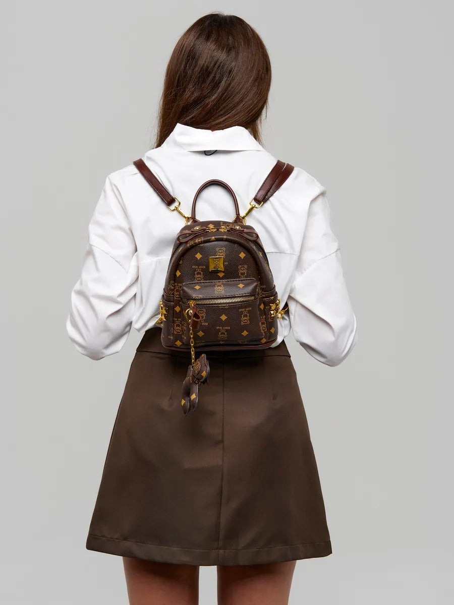 Mini Rucksack Damen braun, Rucksack mit Bärenmuster "Teddy Bear", tragbare Modetasche, trendige Stadttasche, Luxusaspekt Tasche, Modell Louisa