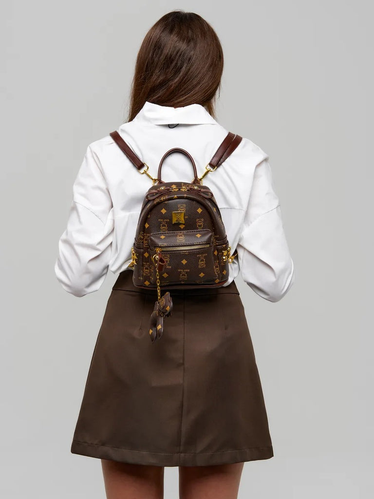 Mini Rucksack Damen braun, Rucksack mit Bärenmuster "Teddy Bear", tragbare Modetasche, trendige Stadttasche, Luxusaspekt Tasche, Modell Louisa
