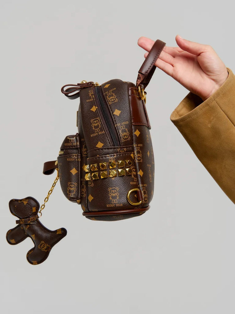 Mini Rucksack Damen braun, Rucksack mit Bärenmuster "Teddy Bear", tragbare Modetasche, trendige Stadttasche, Luxusaspekt Tasche, Modell Louisa