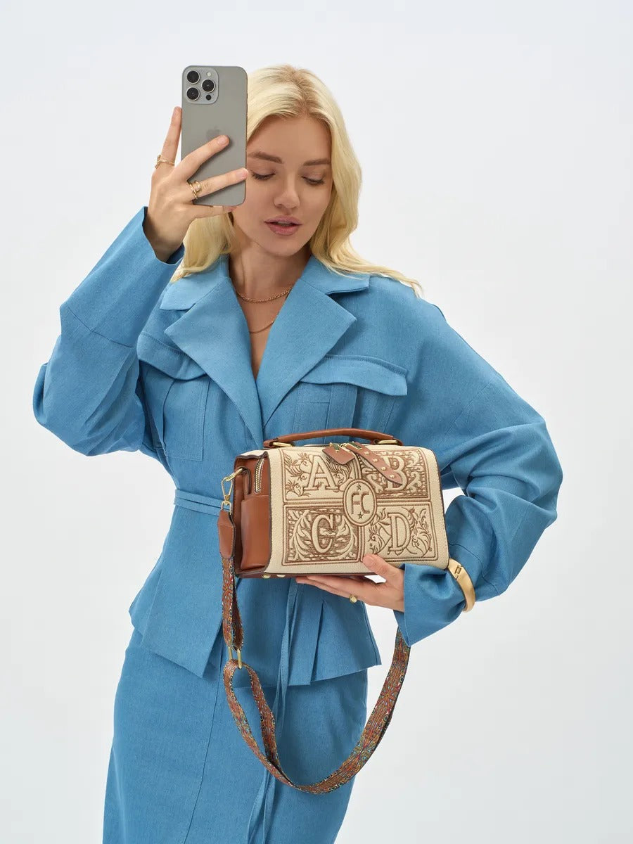 Embroidered handbag, women's shoulder bag, compact square bag, rigid PU bag, original bag with handles, Ernestine model