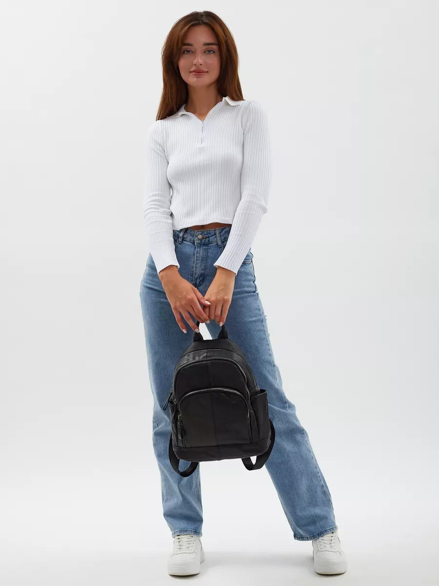 Black leather backpack for women, compact size, zippered pockets, adjustable straps, urban design, Mana model