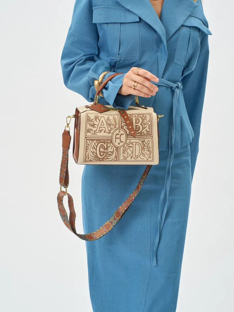 Embroidered handbag, women's shoulder bag, compact square bag, rigid PU bag, original bag with handles, Ernestine model