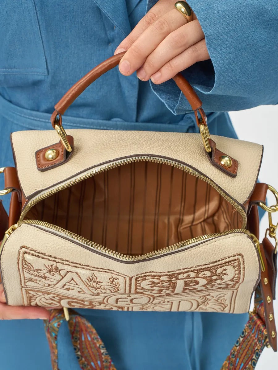 Embroidered handbag, women's shoulder bag, compact square bag, rigid PU bag, original bag with handles, Ernestine model