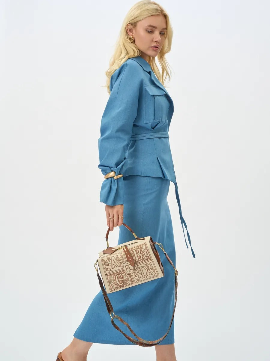 Embroidered handbag, women's shoulder bag, compact square bag, rigid PU bag, original bag with handles, Ernestine model