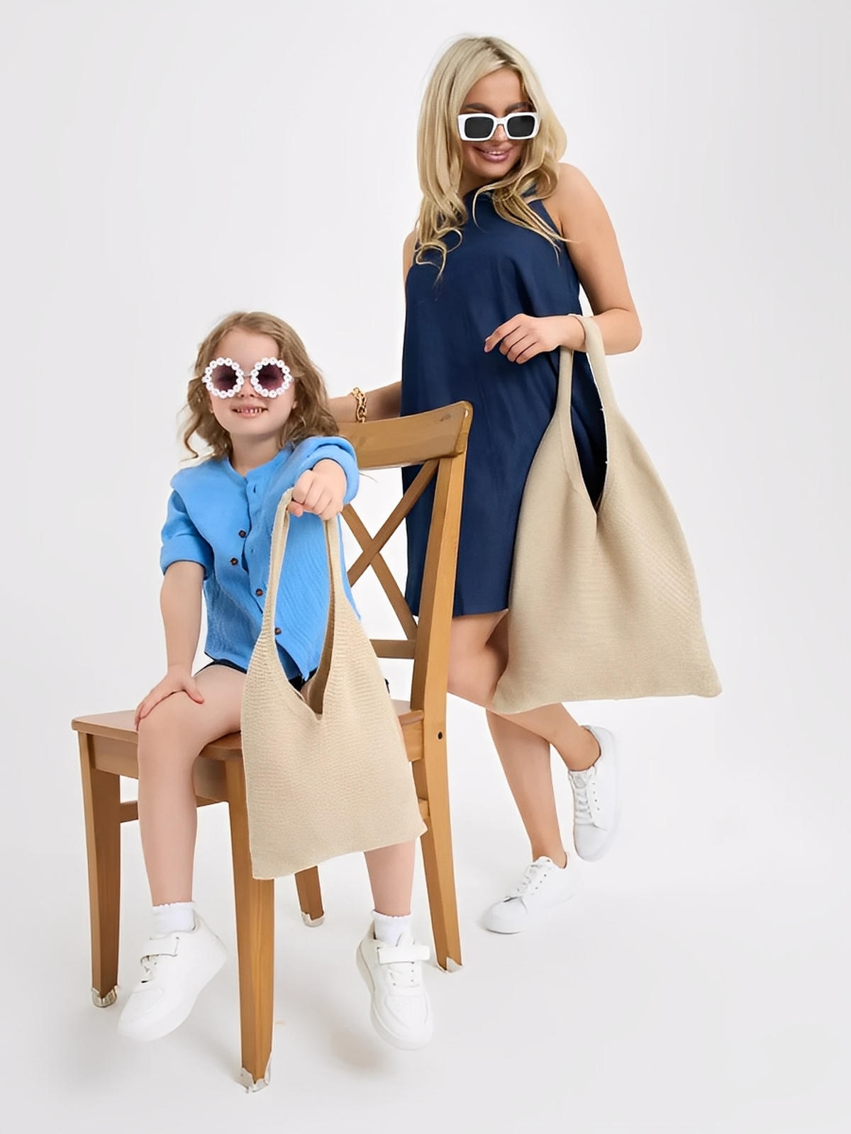 Tote-bag tricoté, sac à main en maille, sac fourre-tout léger, sac épaule souple, sac cabas maman fille, modèle Martine