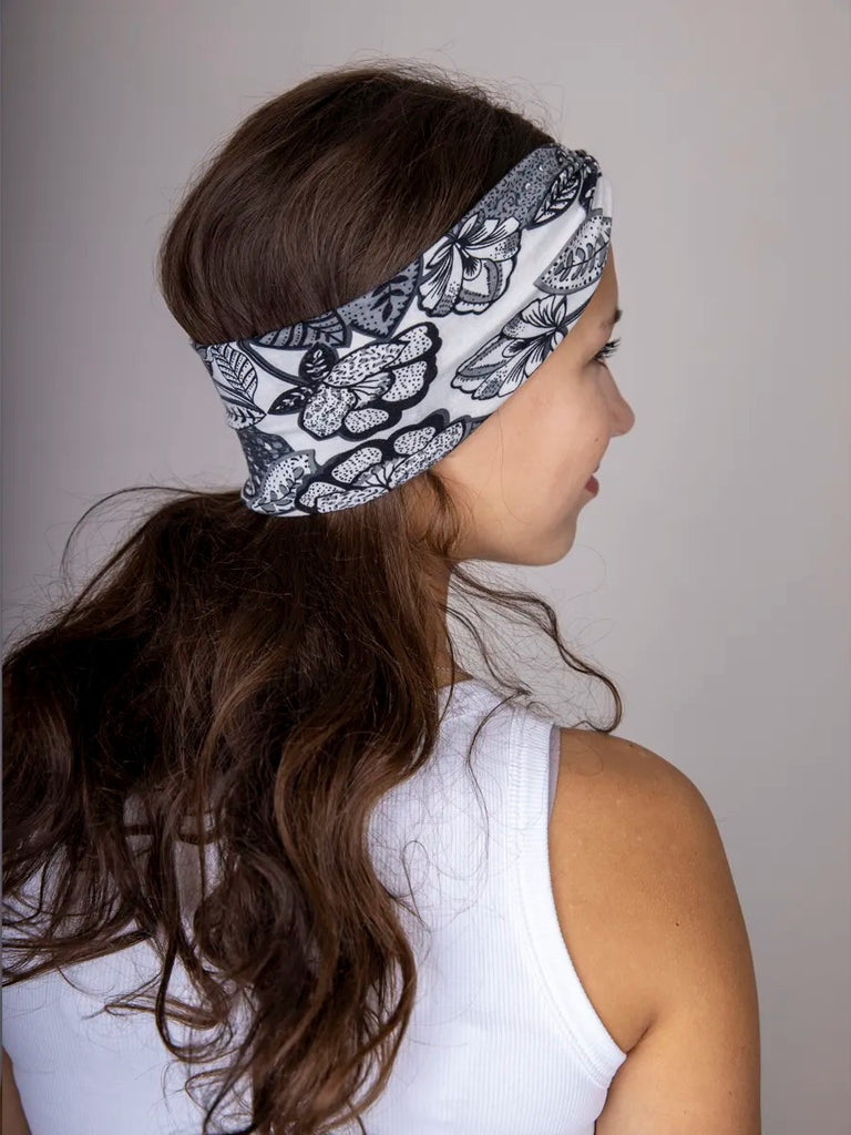 Bandeau cheveux femme, large, extensible, imprimé floral noir et blanc, yoga, sport, maquillage, coiffure, modèle Alola