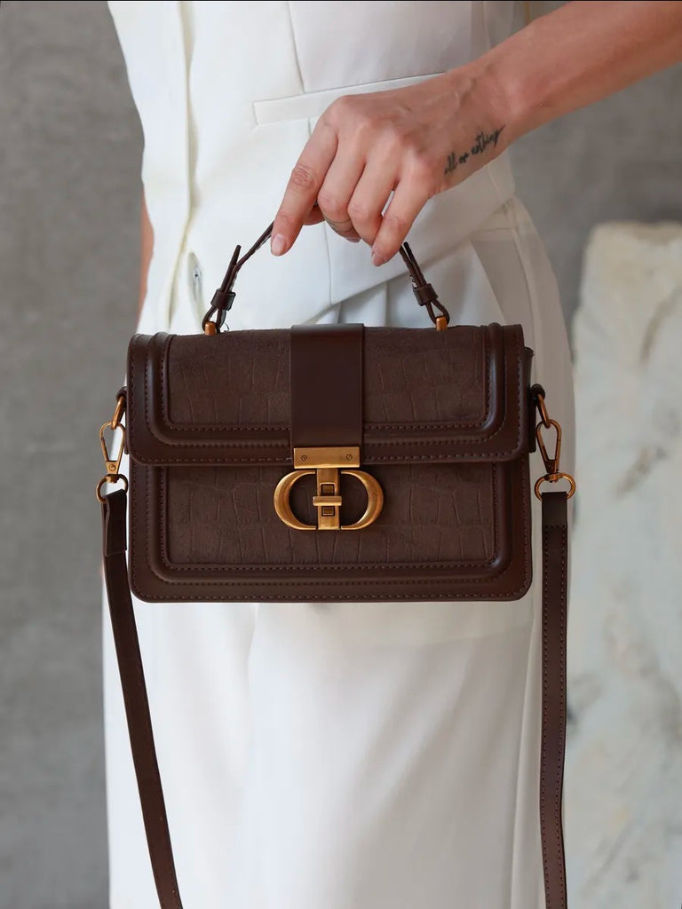 Borsa da donna effetto coccodrillo, borsa a tracolla elegante, borsa a spalla con chiusura dorata, stile moderno, modello Limona