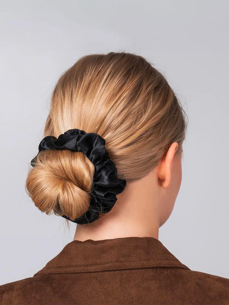 Lot de 5 chouchou en soie noir cheveux, accessoire coiffure femme, élastique cheveux satiné, scrunchie noir, chouchou mode, modèle Paudra - Chouchou - Noir