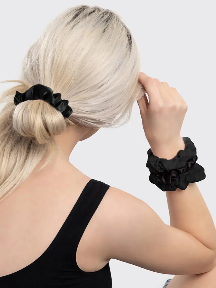 Lot de 5 chouchou en soie noir cheveux, accessoire coiffure femme, élastique cheveux satiné, scrunchie noir, chouchou mode, modèle Paudra - Chouchou - Noir