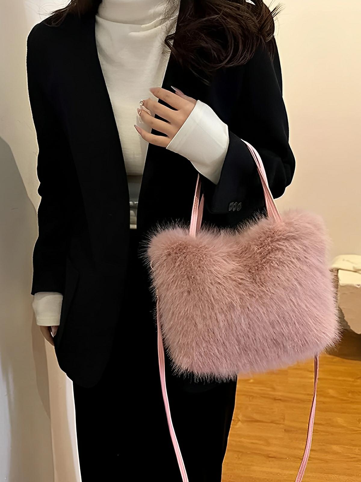 Mini sac à main en fourrure, bandoulière douce, modèle Elsa - Sac à main - Rose