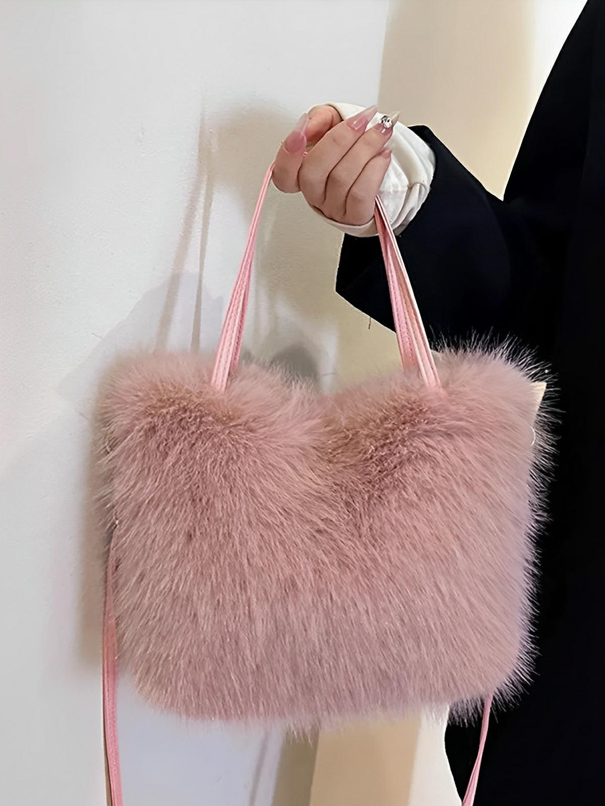Mini sac à main en fourrure, bandoulière douce, modèle Elsa - Sac à main - Rose