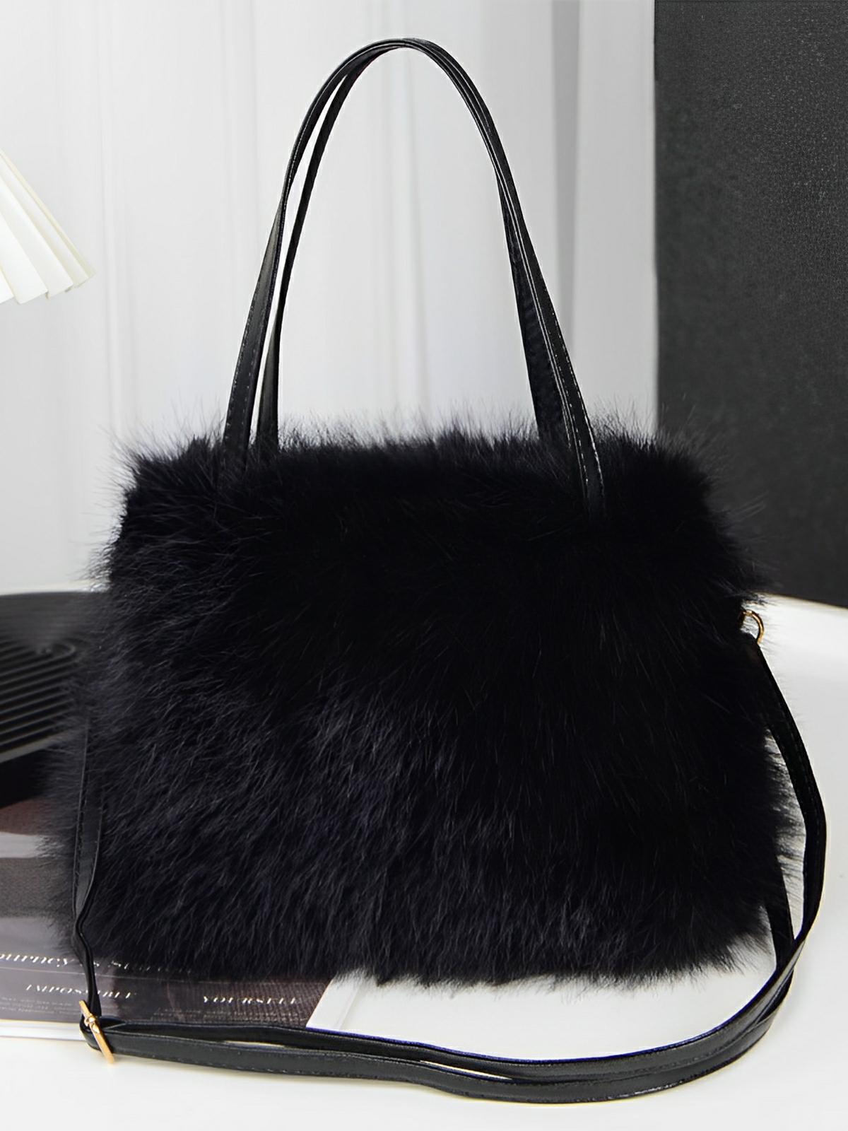 Mini sac à main en fourrure, bandoulière douce, modèle Elsa - Sac à main - Noir
