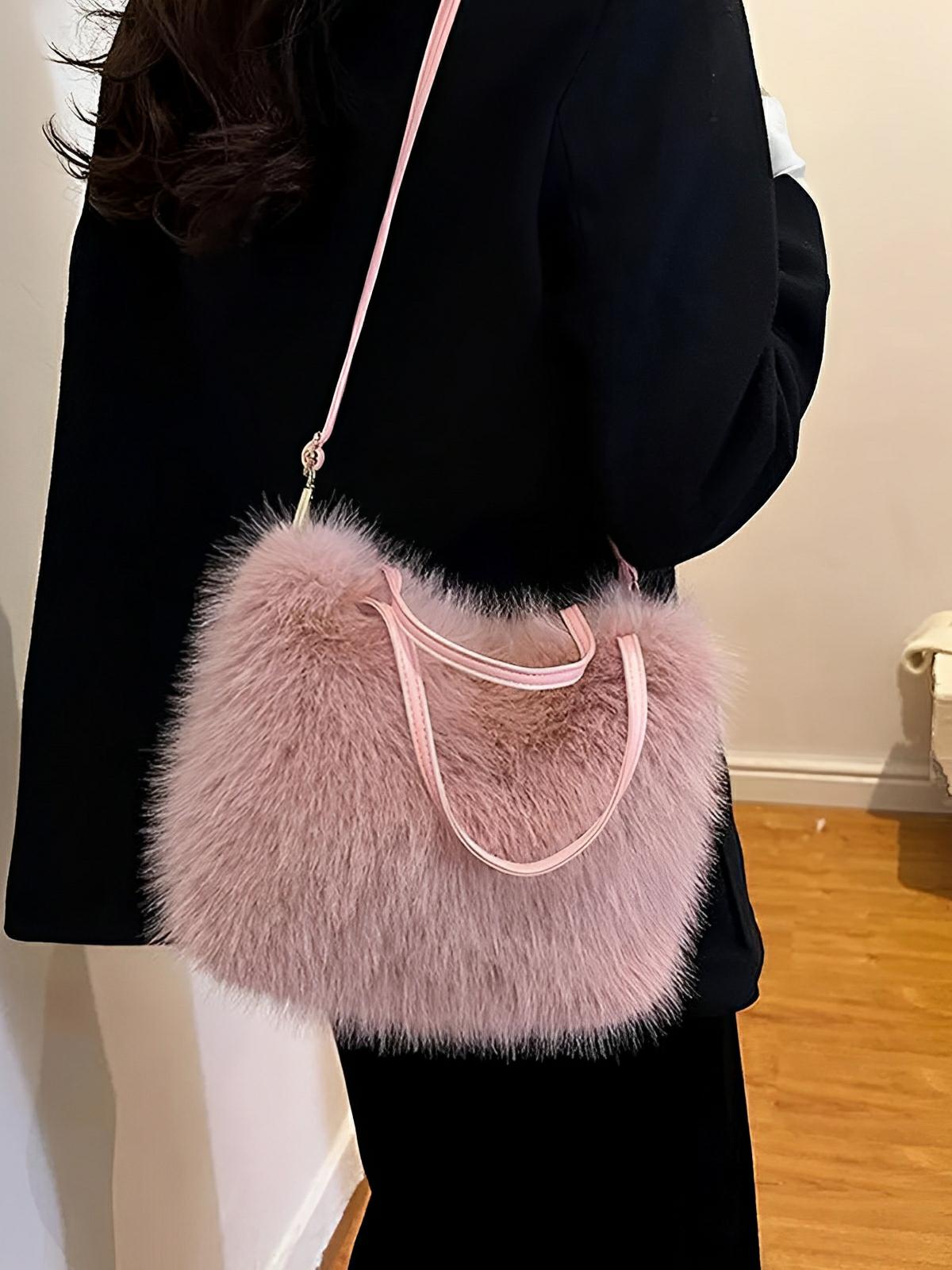 Mini sac à main en fourrure, bandoulière douce, modèle Elsa - Sac à main - Rose