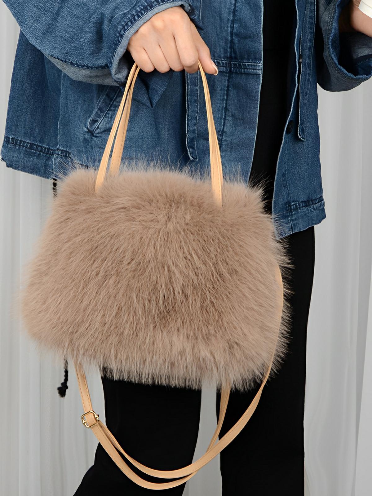 Mini sac à main en fourrure, bandoulière douce, modèle Elsa - Sac à main - Beige