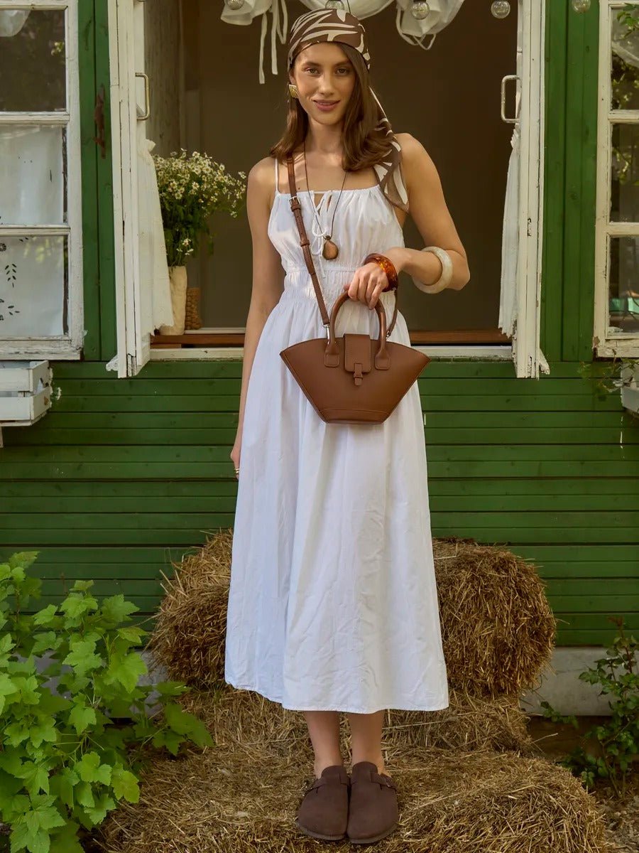 Mini sac à main femme, forme panier, simili vegan, bandoulière réglable, style bohème, fermeture magnétique, modèle Isabe - Sac à main - Marron