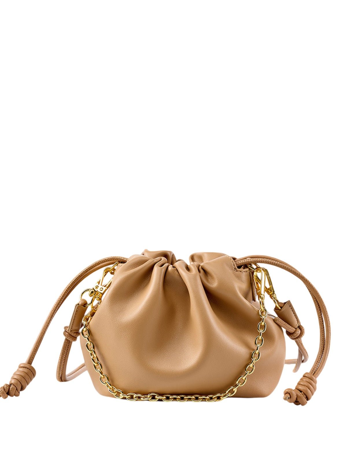 Mini sac seau en cuir, sac bandoulière avec chaîne, sac à lacets en cuir souple, sac à main tendance 2025, sac féminin chic, modèle Ipsy - Sac à main - Camel