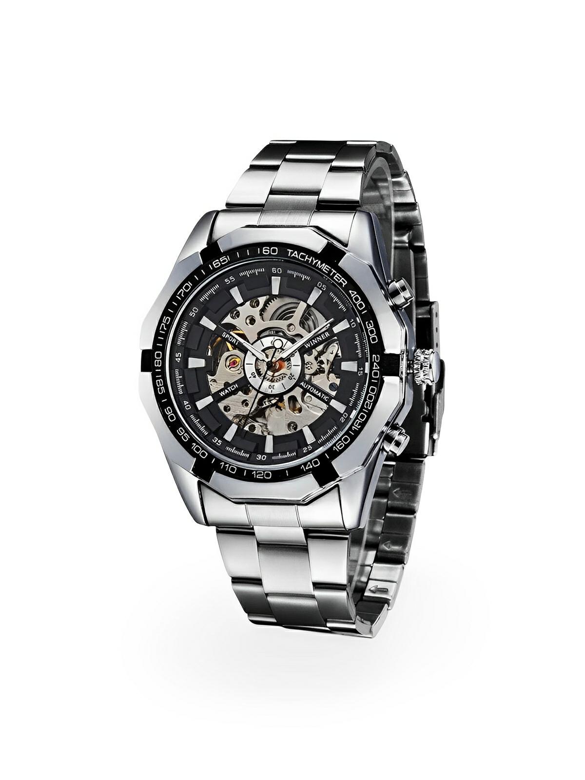 Montre automatique pour homme, squelette mécanique, cadran transparent, tachymètre, en acier inoxydable, modèle Sean - Montre - Argent et noir
