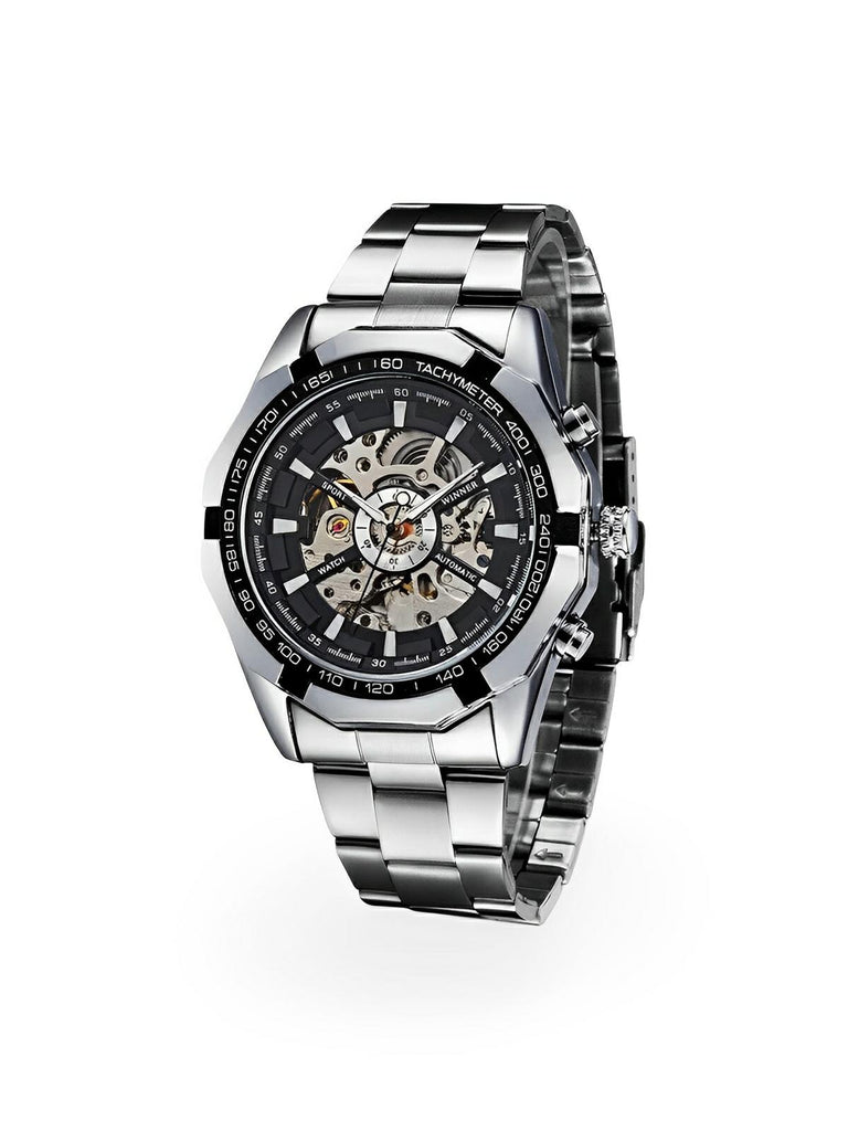 Montre automatique pour homme, squelette mécanique, cadran transparent, tachymètre, en acier inoxydable, modèle Sean - Montre - Argent et noir