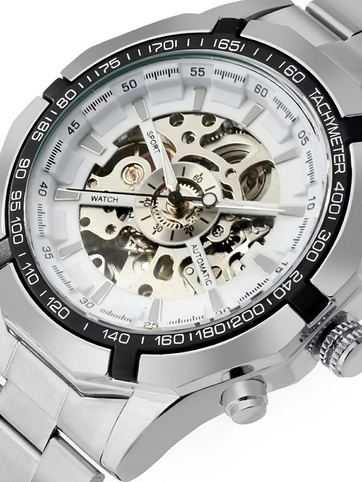 Montre automatique pour homme, squelette mécanique, cadran transparent, tachymètre, en acier inoxydable, modèle Sean - Montre - Argent et blanc